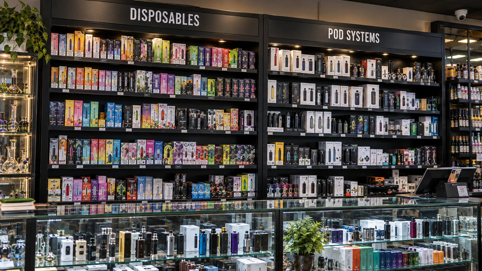 The vape wall at White Cloud 2 Smoke Shop — disposables, pods and refills